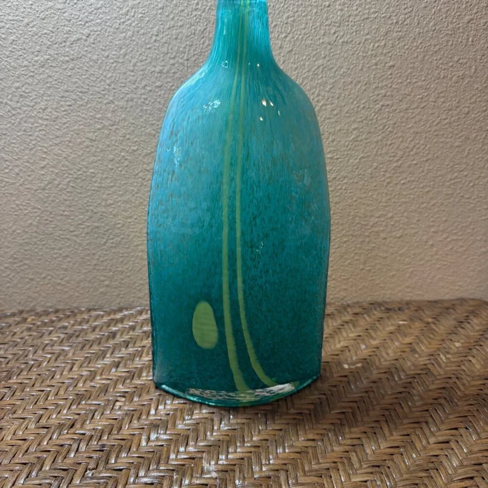 Crate & Barrel Kado Tall Thin Glass Vase Teal Yellow  Lines Strike 12